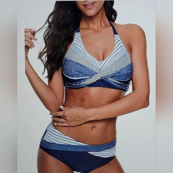 NWOT lines of design angled slimming bust enhancing bikini swim suit halter - Picture 2 of 11